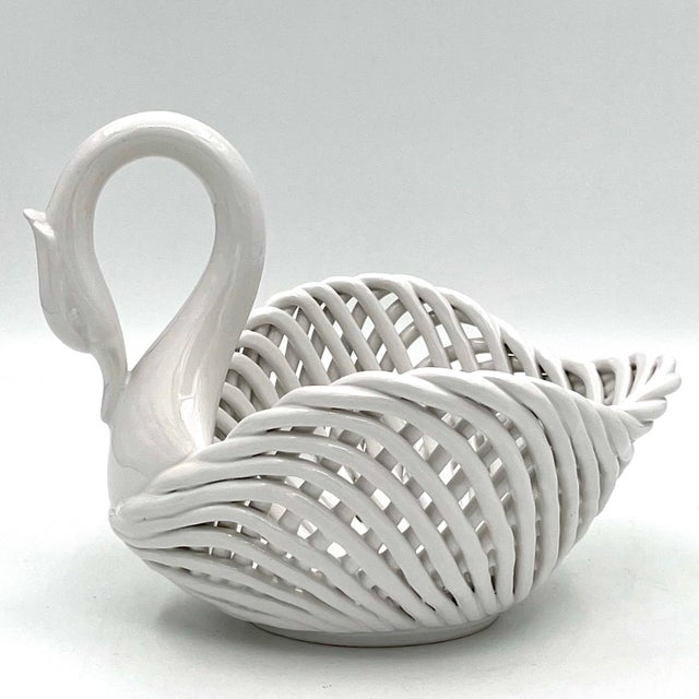 Vintage Shafford White Ceramic Basketweave Swan Planter Bowl Centerpiece For Sale - Image 12 of 12