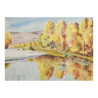 Small 1935 French Autumn Riverside Landscape Watercolor Painting For Sale