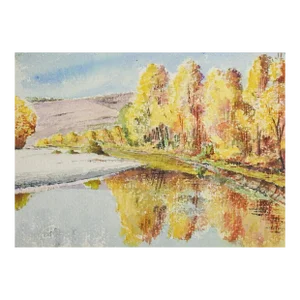 Small 1935 French Autumn Riverside Landscape Watercolor Painting