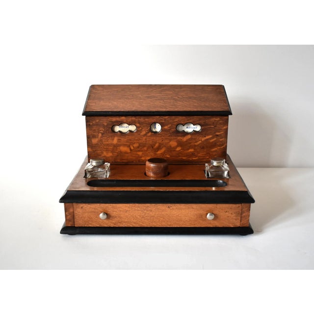 Victorian Tiger Oak Letterbox and Inkstand With Perpetual Calendar For Sale - Image 9 of 13