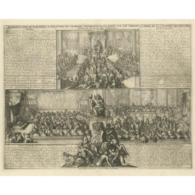Early 18th Century Chatelain, Illustration of the British Parliament & an Assembly Before the King of England, 1732, Print For Sale - Image 5 of 5