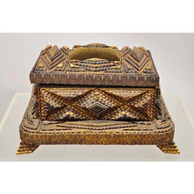Antique Tramp Art Diamond 2 Tier Hinged Carved Wood Presentation Jewelry Box. Item features stunning carving, hinged lid...