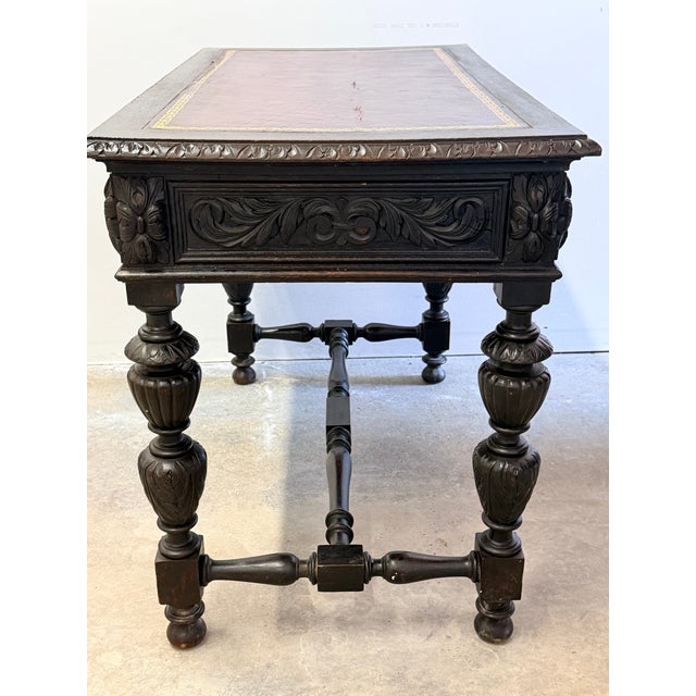 Late 19th Century Late 19th Century British Carved Oak Leather Top Writing Table For Sale - Image 5 of 17