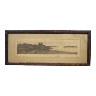 Antique John Octavius Anderson Signed Sailboat Village Seascape Etching 26" For Sale
