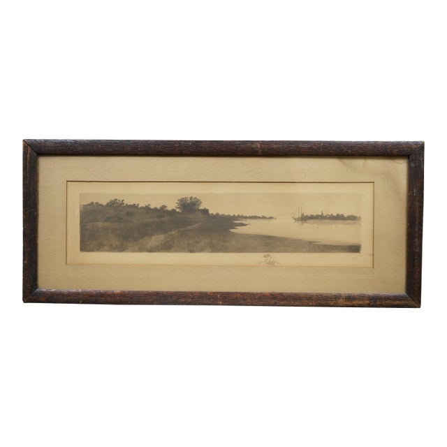 Antique John Octavius Anderson Signed Sailboat Village Seascape Etching 26" For Sale