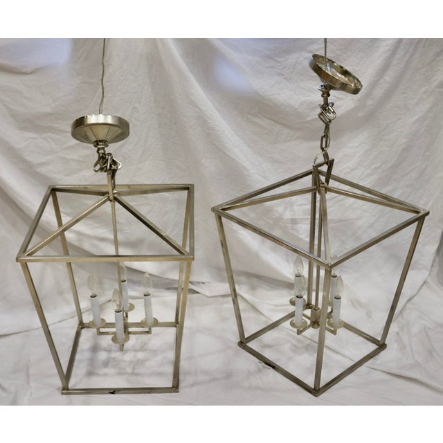 Vintage Chrome Square Pendant 4 Lamp Light Fixtures - A Pair. The pendant squares are Larger (17") at the highest and...