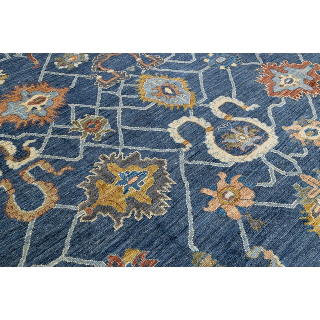 14x20 Hand-Knotted Modern Oushak Style Wool Rug in Indigo Blue & Earthy Motifs For Sale - Image 9 of 12
