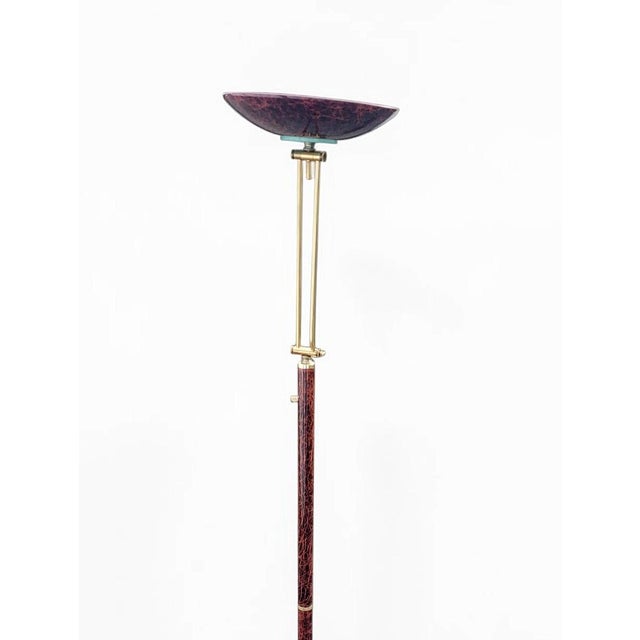 Brown Mid-Century Italian Lacquered Goatskin & Brass Adjustable Torchiere Floor Lamp, 1950s For Sale - Image 8 of 18