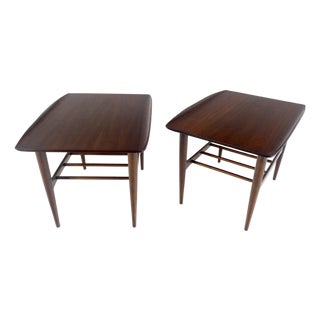 Pair American Mid Century Modern Walnut Rolled Edges End Side Tables MINT! For Sale