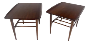 Pair American Mid Century Modern Walnut Rolled Edges End Side Tables MINT!