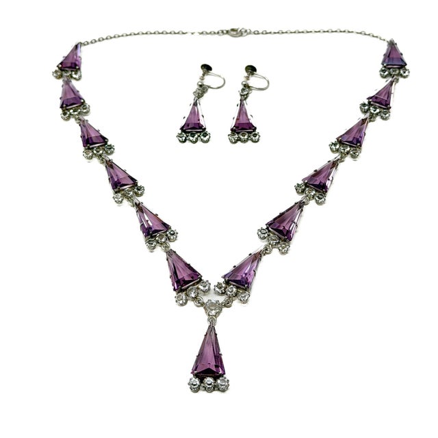 Art Deco Silver, Purple Triangular Glass and Paste Necklace and Earrings, 1920s, Set of 2 For Sale - Image 6 of 17