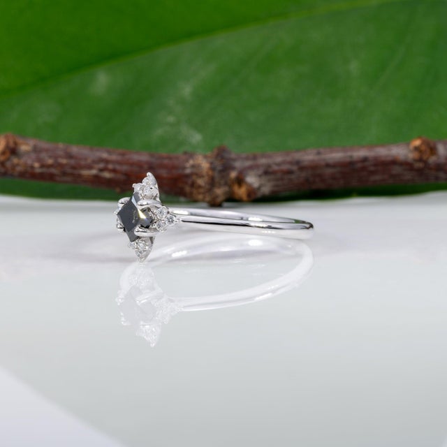 Black Diamond Ring With Diamond Accents in Solid 14k Gold, Asscher Cut 3.6mm, Size 6.75 For Sale In Columbus - Image 6 of 9