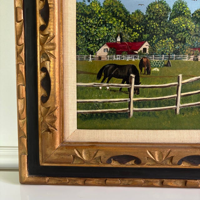 Mid 20th Century Signed American Folk Art Horse Farm Landscape Oil on Canvas Framed Painting For Sale In Chicago - Image 6 of 11