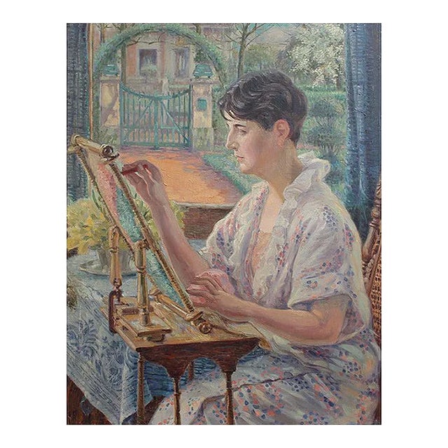 Woman by the Window with Embroidery Frame Painting by Franz Ludwig Kiederich, 1930s For Sale