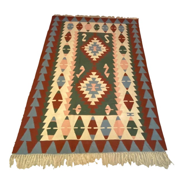 Vintage Handwoven Wool Flat Weave Fringed Turkish Rug For Sale