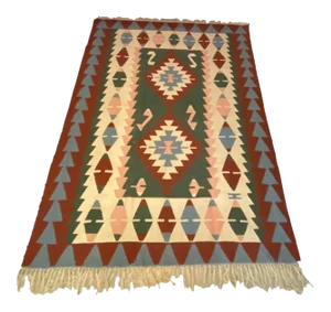 Vintage Handwoven Wool Flat Weave Fringed Turkish Rug