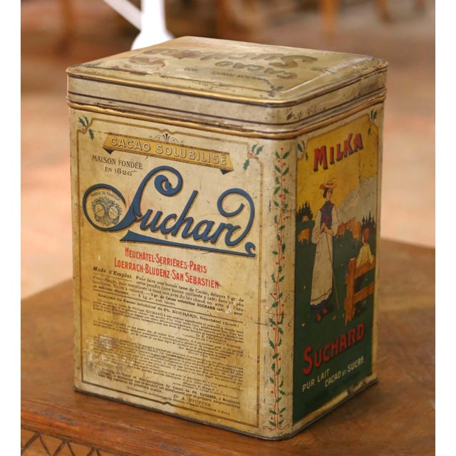 Traditional Early 20th Century Suchard Lithographed Tin Cacao Advertising Box For Sale - Image 3 of 13