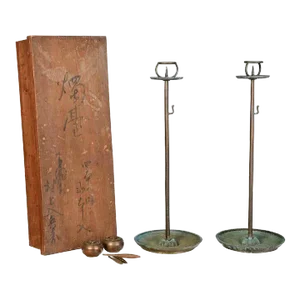 19th Century Antique Japanese Bronze Metal Tall Candlesticks - 7 Piece Set