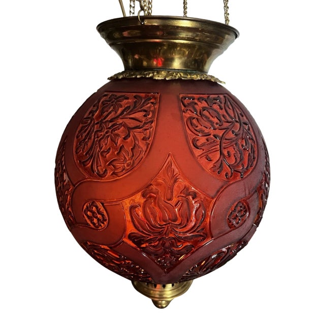 19thc French Napoleon III Red Art Glass Hanging Lantern Fixture Signed by Baccarat For Sale
