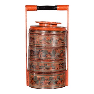 Vintage Burmese Multi-Color Underglaze Four-Tier Food Basket For Sale