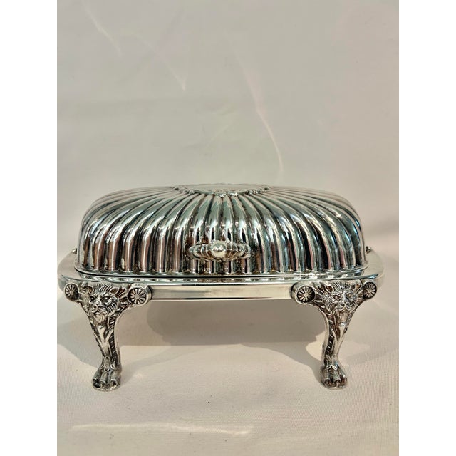 F.B. Rogers Silver Co. Vintage F B Rogers Silver Co Roll Top Baroque Butter Dish With Lion Mask Feet and Glass Liner For Sale - Image 4 of 9