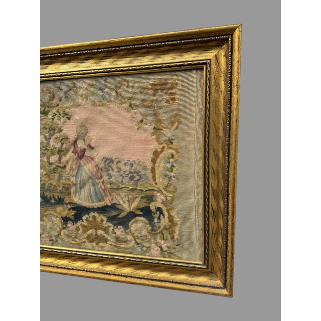 Victorian Antique Victorian Gilt Framed Scenic Landscape Needlepoint Tapestry With Girl For Sale - Image 3 of 8