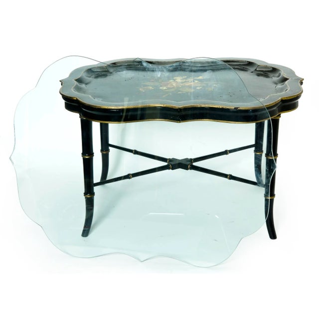 Traditional Antique Ebony Tray Table with Glass Top- 3 Pieces For Sale - Image 3 of 12