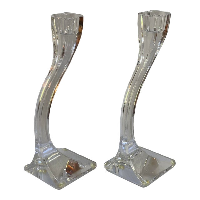 Nachtmann Germany Vintage 1980s Elegant "Duetto" Crystal Carved 8" High Candleholders Set of Two(2) For Sale