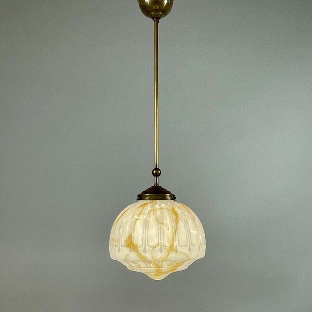 Art Deco Marbled Opaline Glass and Brass Pendant Light, Germany, 1930s For Sale - Image 14 of 18
