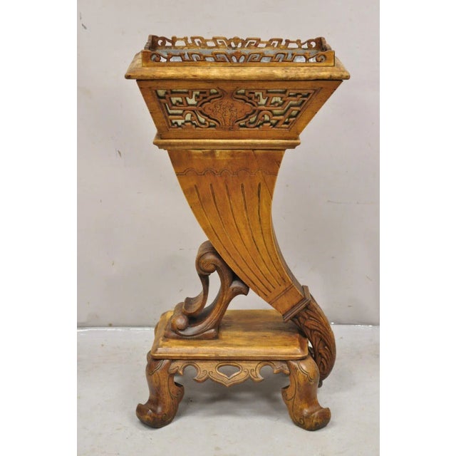 Vintage Carved Teak Wood Fretwork Figural Cornucopia Chinese Plant Stand Planter with Zinc Metal Liner. Circa Mid to Late...