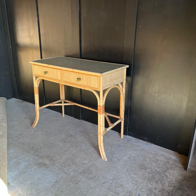 Wood Cane and Bamboo Dressing Table with 2 Drawers, 1970s For Sale - Image 7 of 10