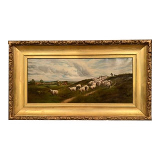 Antique English Country Sheep Landscape Painting in Original Frame, Late 19th Century For Sale