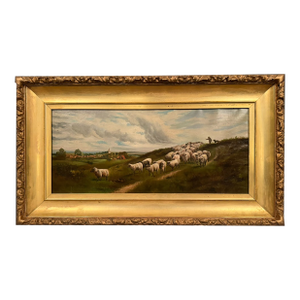 Antique English Country Sheep Landscape Painting in Original Frame, Late 19th Century