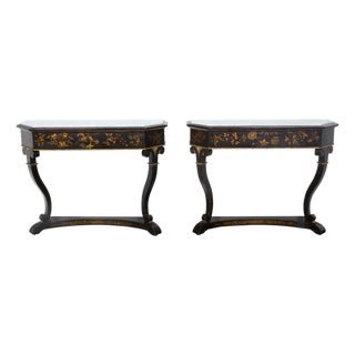 English Chinoiserie Black and Gold Console Tables with White Marble Tops, a Pair For Sale