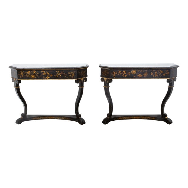 English Chinoiserie Black and Gold Console Tables with White Marble Tops, a Pair For Sale