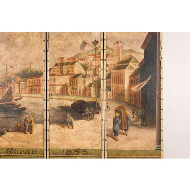 Late 20th Century Vintage Four-Panel Painted Screen Depicting Macau Harbor, 1855 For Sale - Image 5 of 17