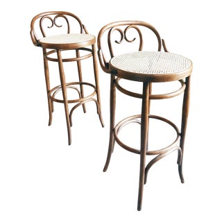 1960s Salvatore Leone Cane and Bentwood Barstools - a Pair For Sale