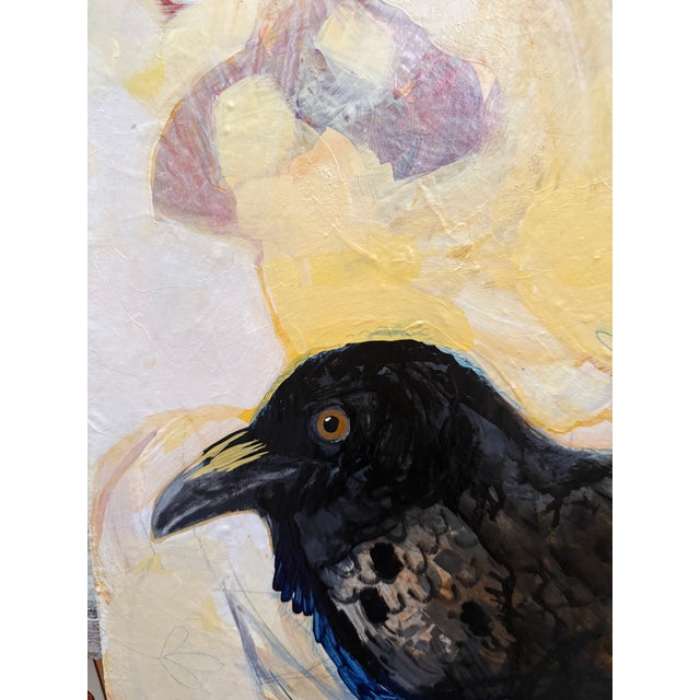 This lovely and expressive painting depicts a Raven sitting on a nest made up of chunks of color and lines of all sorts....