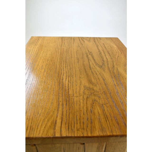 Chestnut 1950 A.Brandt Ranch Oak Small Night Stand Three Drawers Wrought Iron Hardware Dovetail Joinery For Sale - Image 8 of 12