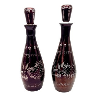 Vintage Bohemian Maroon Ruby Red Glass Engraved Decanters in the style of Egermann, 1920s, Set of 2 For Sale