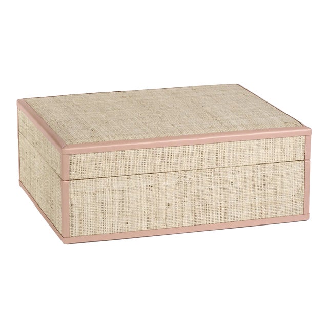Reggio Raffia Decorative Box with Pink Trim, Large For Sale