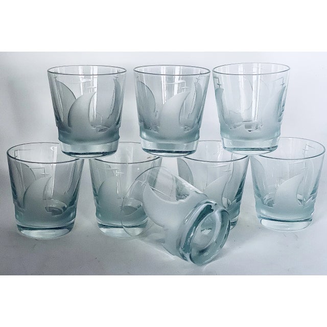 Vintage Etched Sailboat Transparent Crystal Cocktail Lowball Glasses, in the 'Artel Style'- Set of 8 For Sale - Image 12 of 12