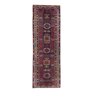 1910 Antique Geometric Hand-Knotted Wool Low Pile Runner - 3'4" X 10'