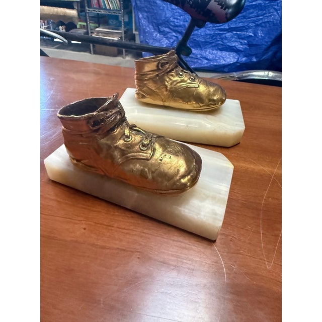 Art Deco Pair of Vintage Copper Bronze Clad Baby Shoes Bookends on Solid Marble Base For Sale - Image 3 of 7