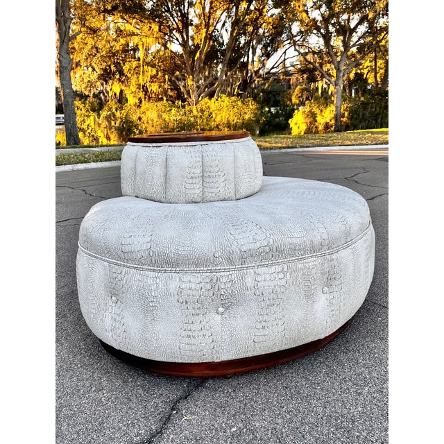 Mid-century modern tufted snakeskin nautilus settee coin sofa with wood top. c. 1950s. One-of-a-kind coin sofa with...