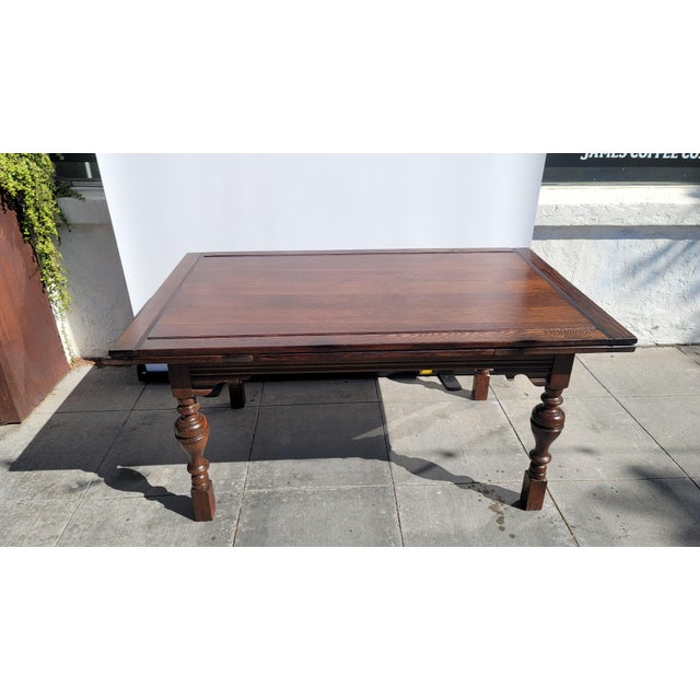 Wood Antique 1930s Rustic Spanish Jacobean Dining Table Draw Leaf 8 Feet Open For Sale - Image 7 of 9