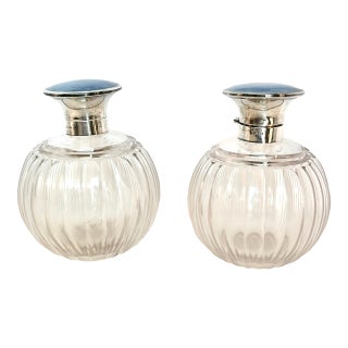 Pair of Antique Henry Clifford Davis Sterling Silver & Blue Guilloche Enamel Vanity Bottles, Birmingham 1919 For Sale