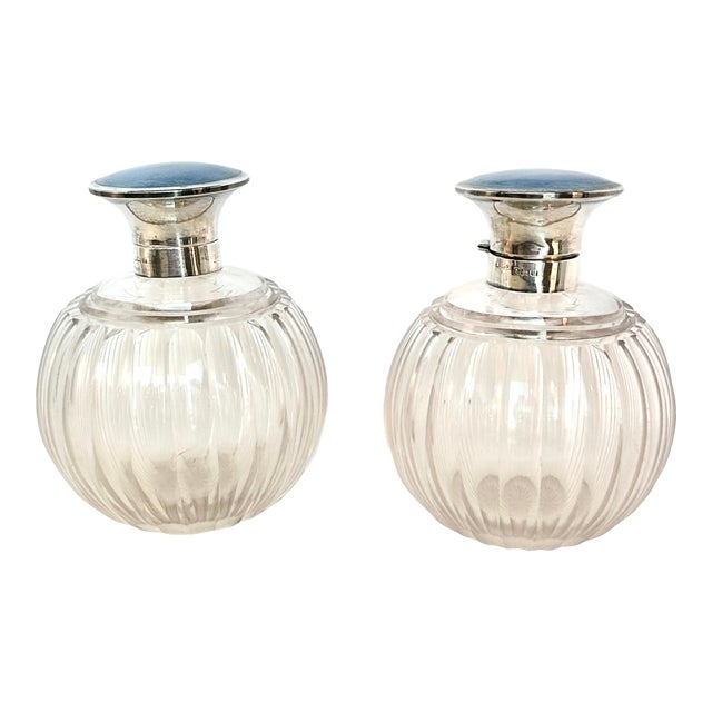 Pair of Antique Henry Clifford Davis Sterling Silver & Blue Guilloche Enamel Vanity Bottles, Birmingham 1919 For Sale