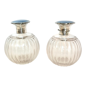 Pair of Antique Henry Clifford Davis Sterling Silver & Blue Guilloche Enamel Vanity Bottles, Birmingham 1919