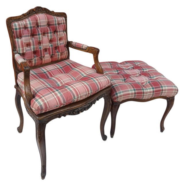 Wood Vintage Walnut French Provincial Armchair & Ottoman Set in Rich Plaid Upholstery For Sale - Image 7 of 12